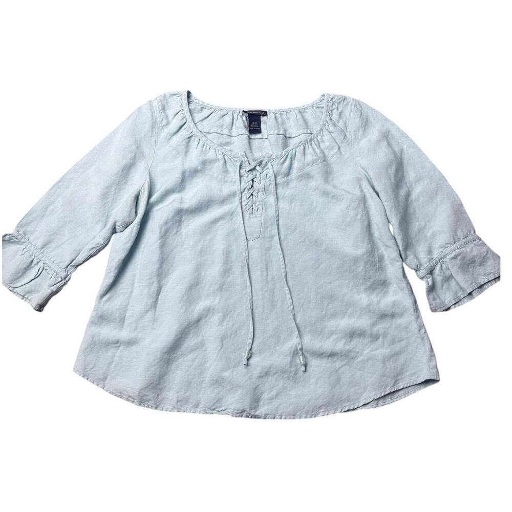 Lane Bryant Linen Rayon Peasant Blouse 14/16 Light Blue 3/4 Sleeve Boho